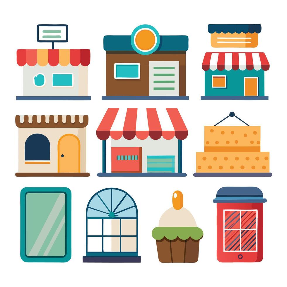 various types of buildings and stores on a white background vector
