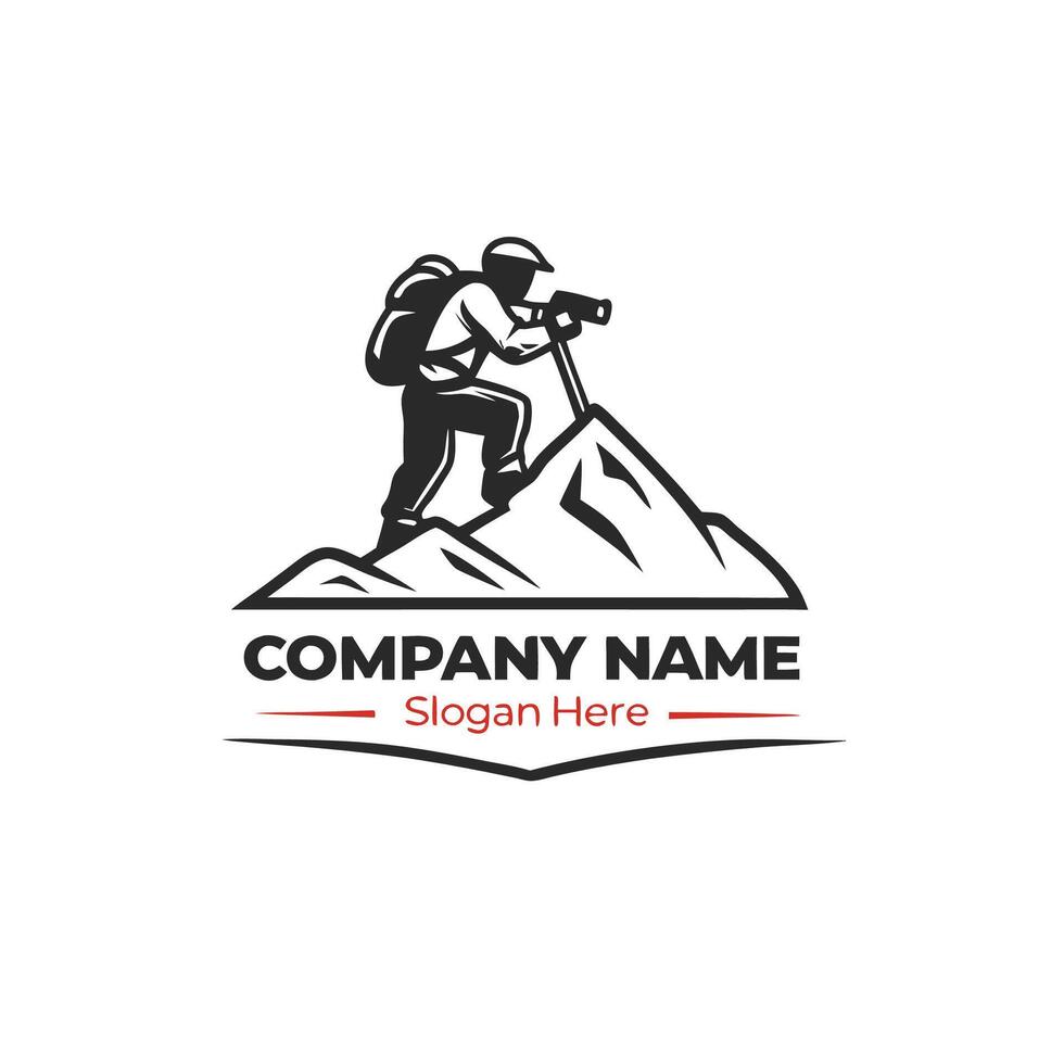 a man with a camera on top of a mountain logo vector
