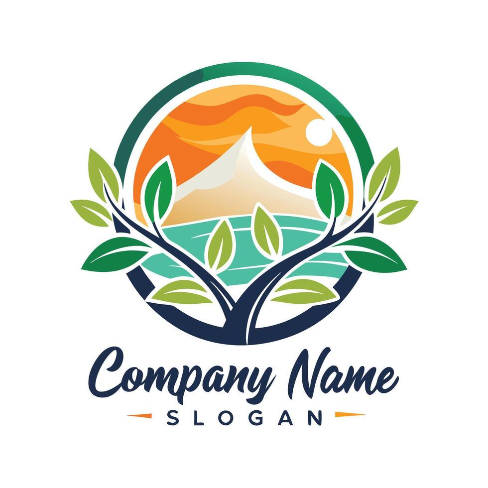 a logo for a company with a mountain and tree vector