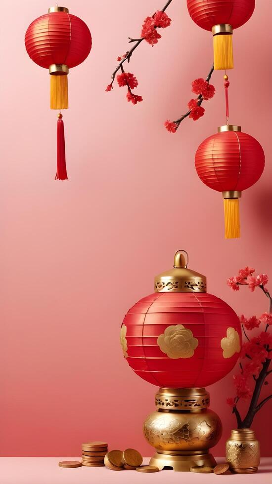 An abstract layout showcasing Chinese New Year motifs like lanterns, coins, and flowers, in soft red and gold, with a clean backdrop and room for text. photo