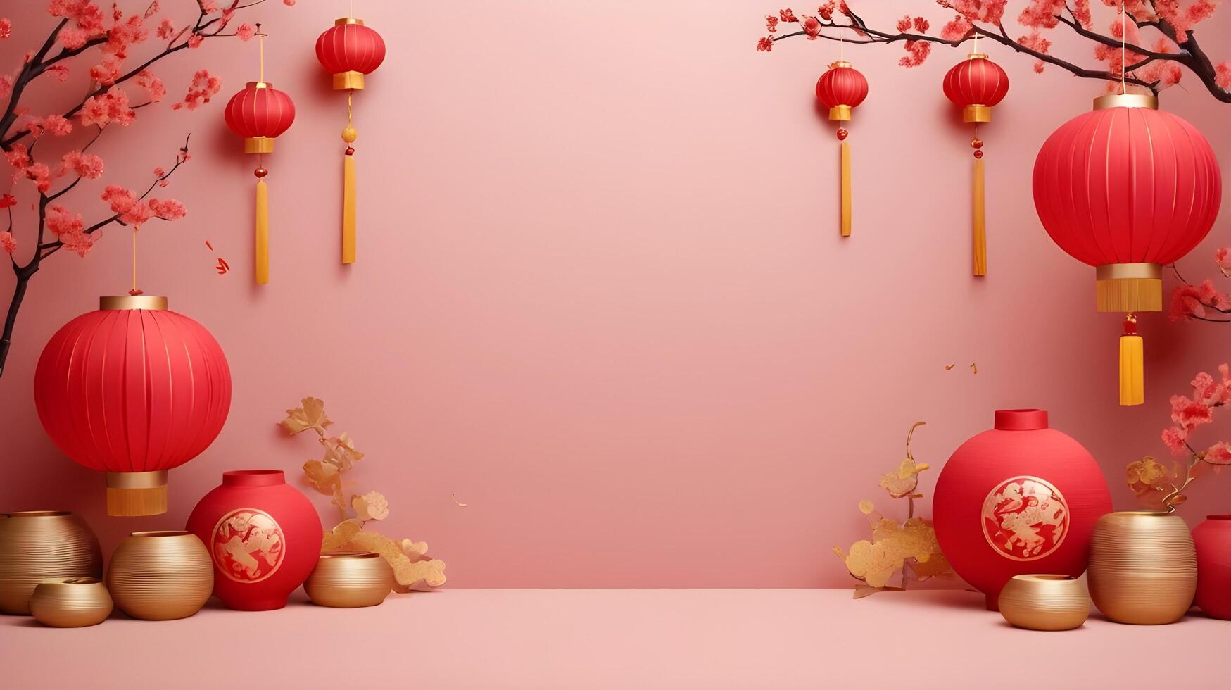 An artistic blend of Chinese New Year symbols, such as lanterns, coins, and flowers, in muted red and gold, set on a simple background with space for text. photo