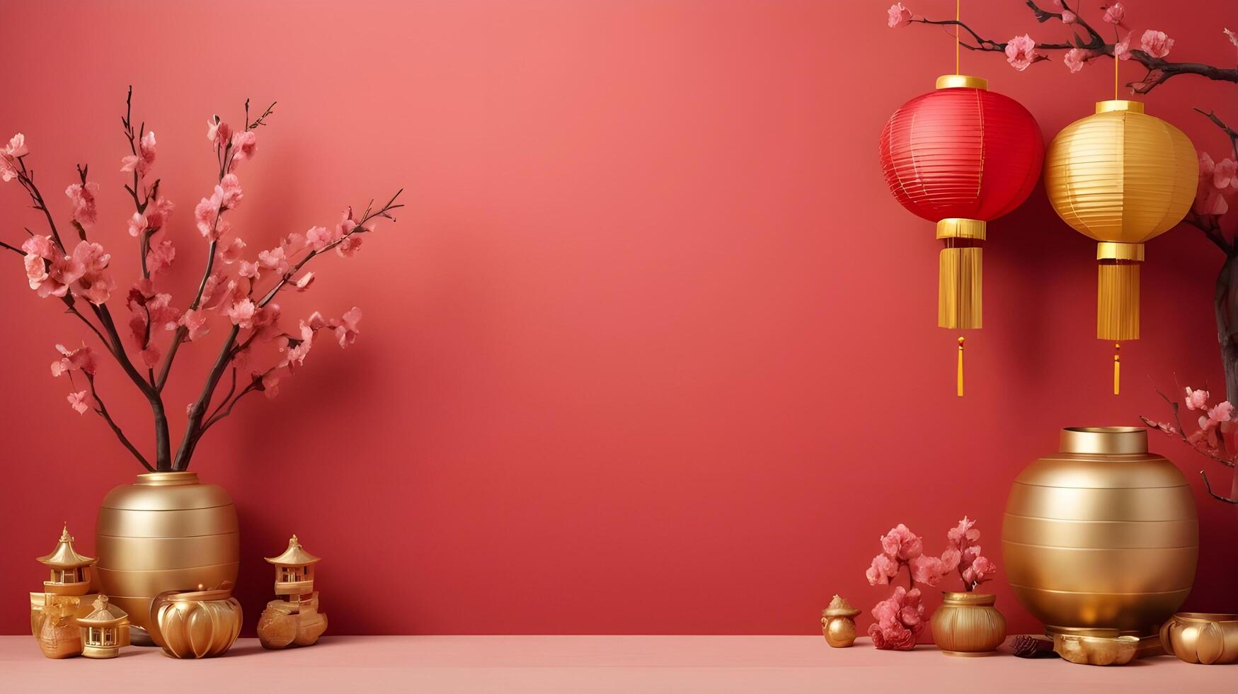 A modern abstract design of Chinese New Year elements, including lanterns, coins, and flowers in soft red and gold, on a clean background with space for a message. photo