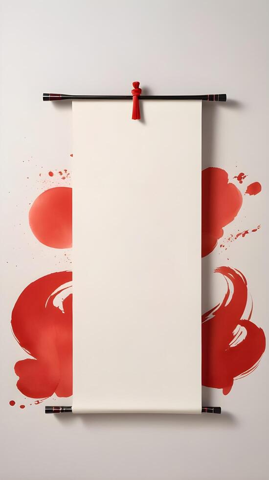 A red ink Chinese calligraphy brush, ready to write festive wishes, rests on a subtle, neutral background with space for additional text. photo