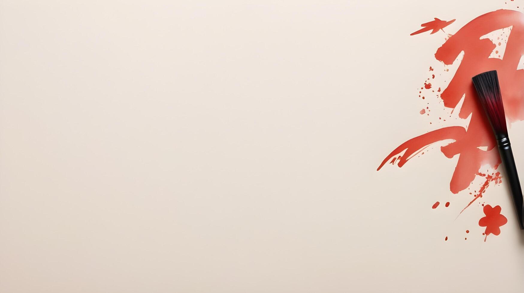 A Chinese calligraphy brush with red ink stands ready to write festive wishes, placed against a light, neutral background with room for additional text. photo
