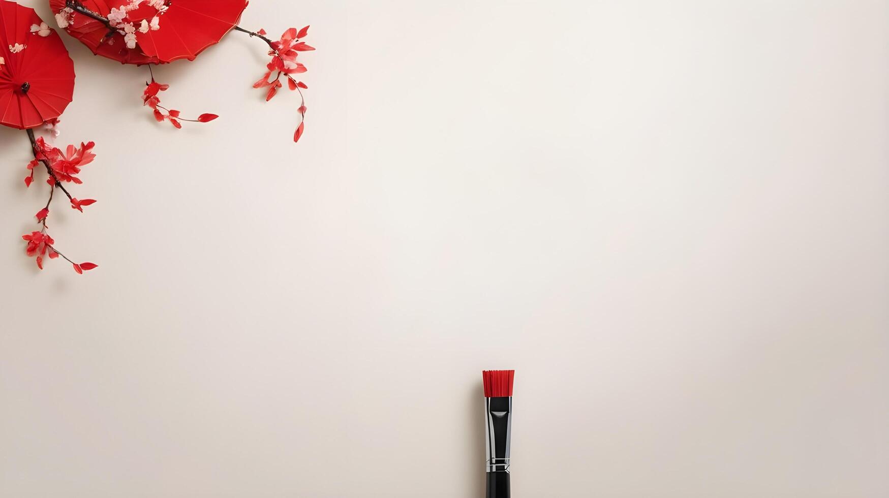A red ink Chinese calligraphy brush, waiting to inscribe festive wishes, placed against a soft, neutral backdrop with space for text. photo