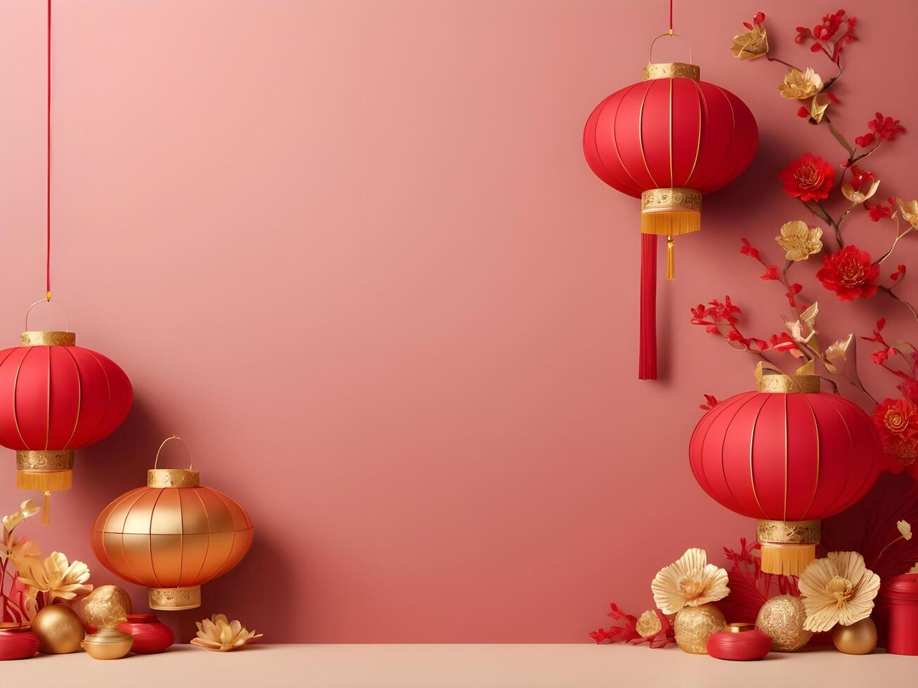An abstract arrangement of Chinese New Year symbols like lanterns, coins, and flowers in soft red and gold, set against a clean background with space for text. photo