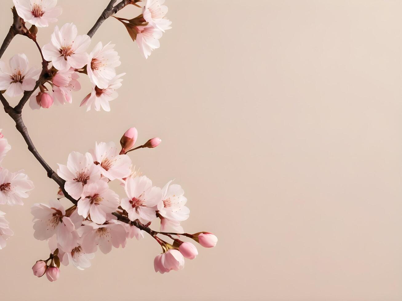 Cherry blossoms in pale pink create a gentle, minimalist pattern on a beige backdrop, offering room for text. photo