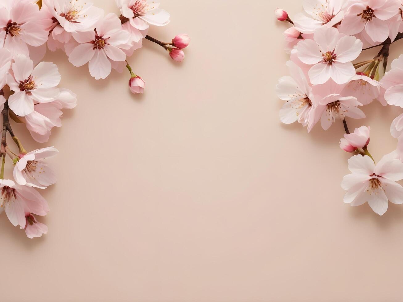 A subtle pattern of pale pink cherry blossoms appears on a beige surface, with open space available for text. photo