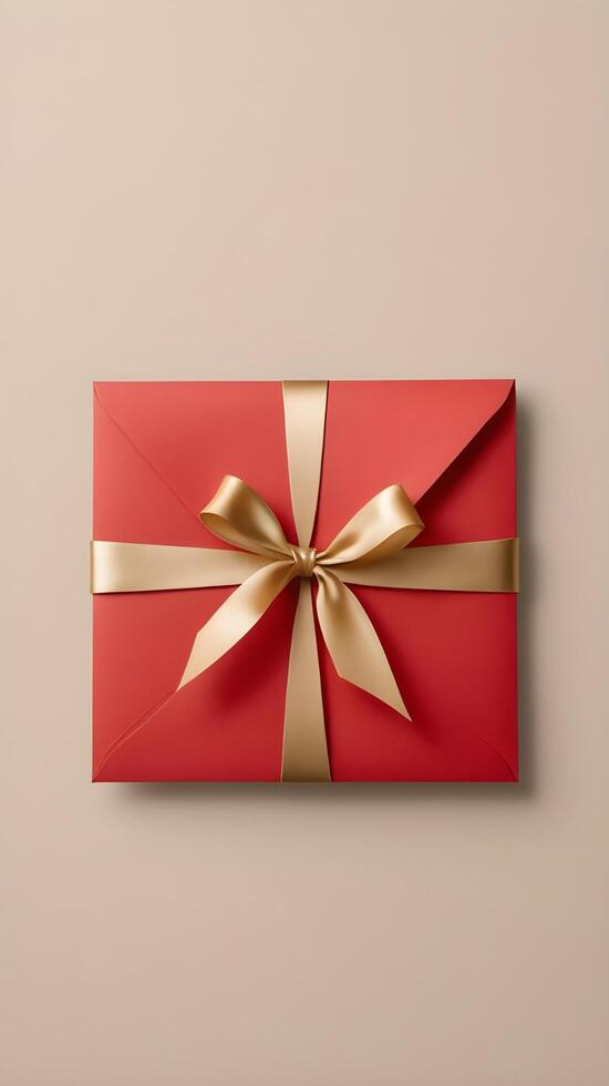 A plain red envelope with a gold ribbon is placed on a neutral-toned background, leaving space for a festive message. photo