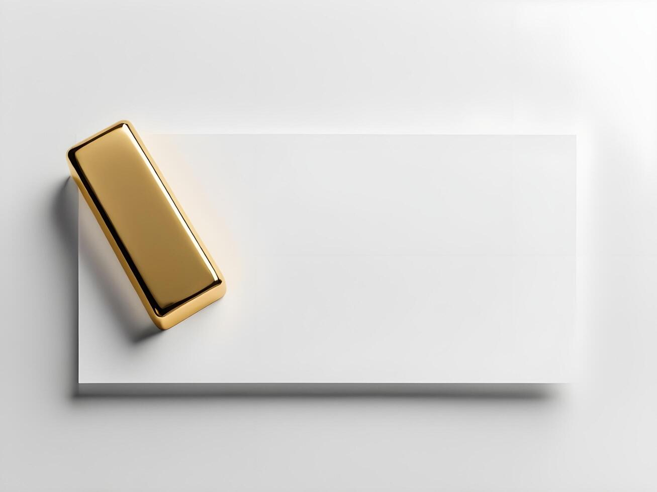 On a clean, white background, a lone gold ingot rests, with a subtle shadow beneath it, offering room for text. photo
