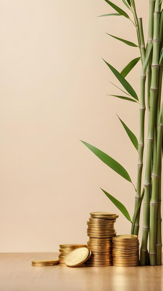 A few gold coins rest beside bamboo stalks on a clean background, leaving space for a message or branding. photo
