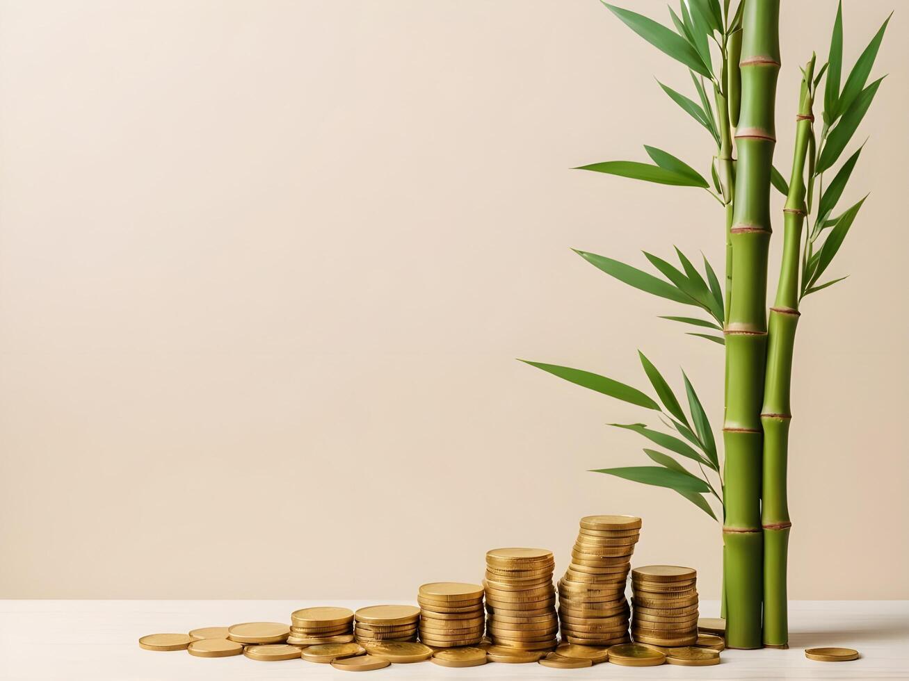 A small number of golden coins lie next to bamboo stalks, with a plain background providing ample space for a message or branding. photo