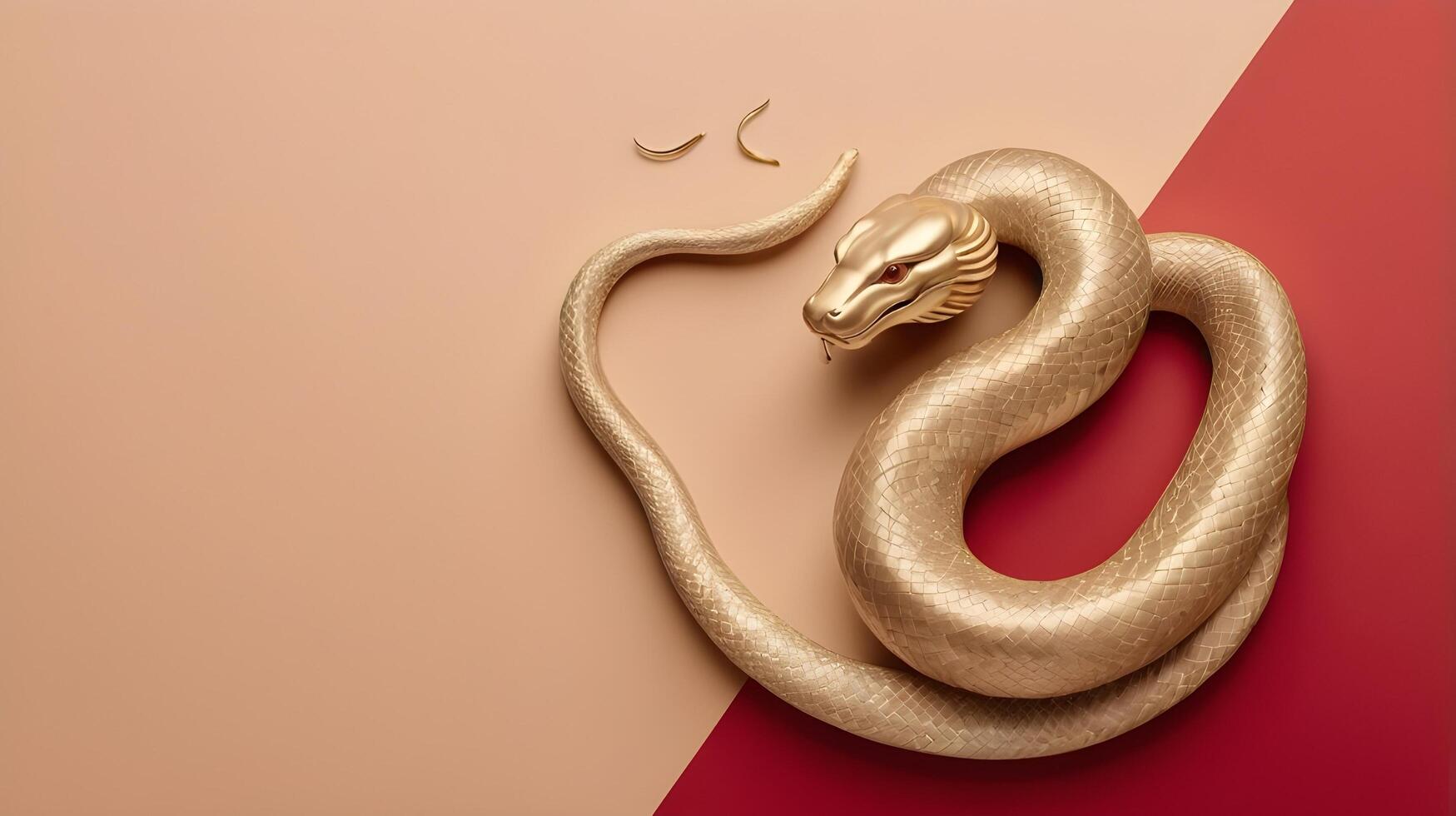 A refined and delicate portrayal of the Chinese Zodiac Snake 2025, outlined in gold, rests on a soft red or beige background with space for text. photo