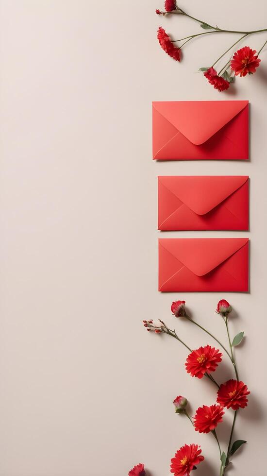 A serene arrangement of red envelopes with floral accents on a light, neutral background, with plenty of room for a message or logo. photo