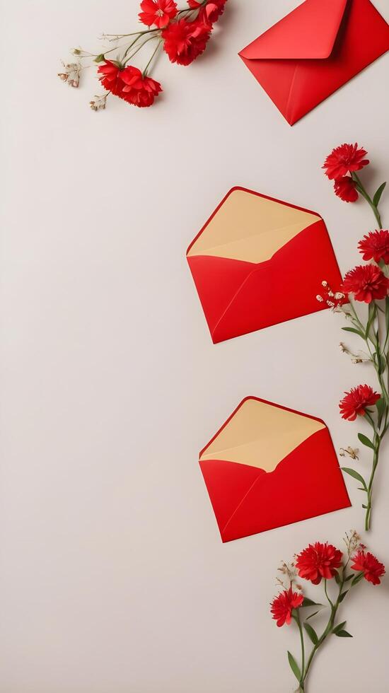 A collection of red envelopes decorated with tiny flowers on a neutral backdrop, with plenty of space to add text or branding. photo