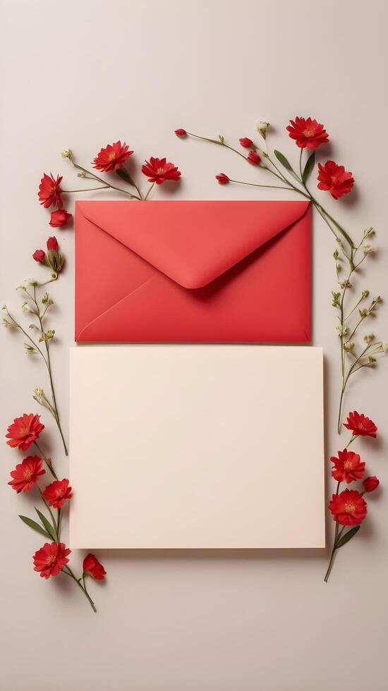 A few red envelopes with delicate flowers, placed softly on a muted background, leaving plenty of open space for branding or messaging. photo