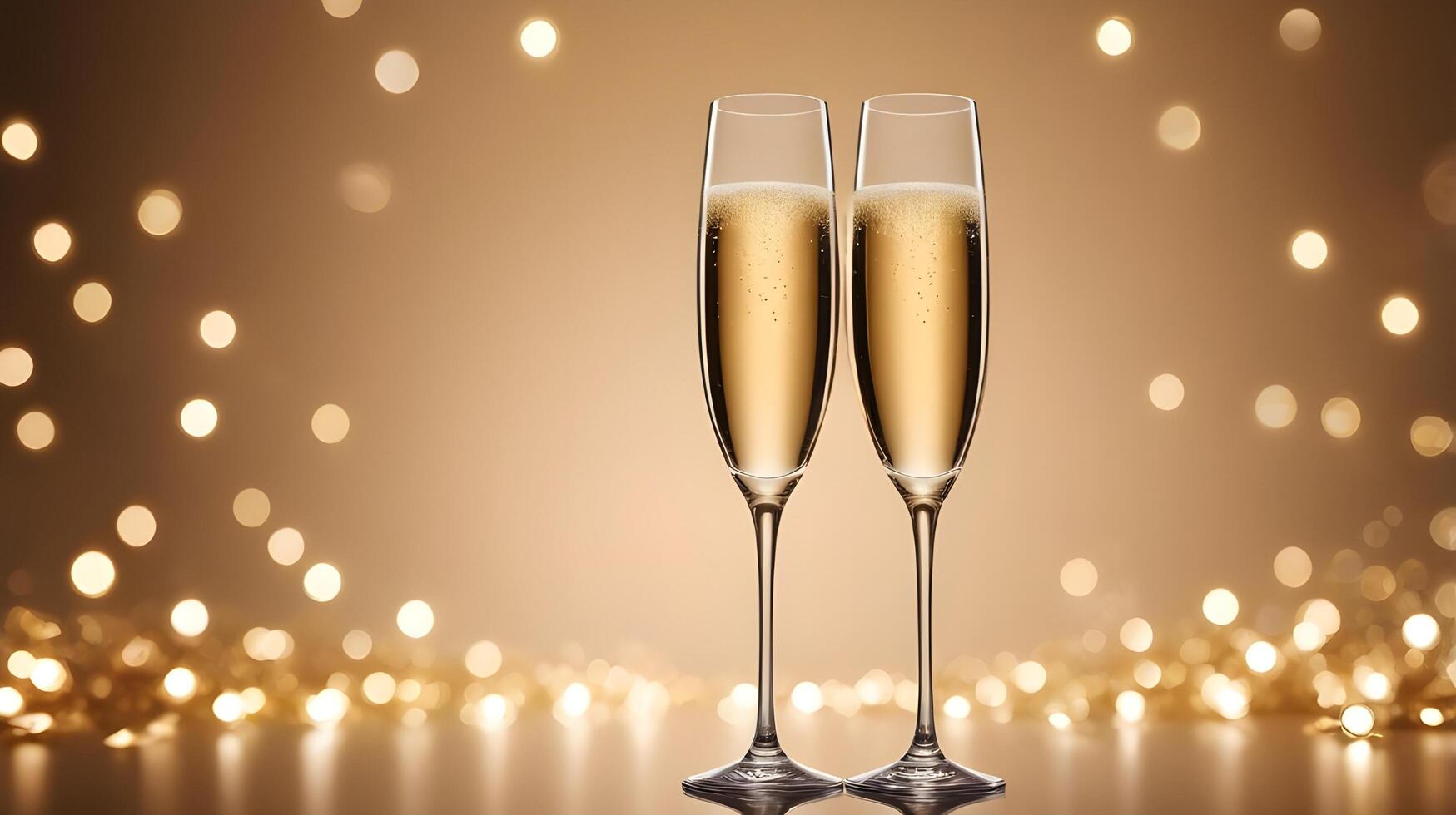 A pair of crystal champagne glasses filled with golden champagne are placed on a reflective surface, with a dreamy bokeh backdrop, leaving room for a loving message. photo