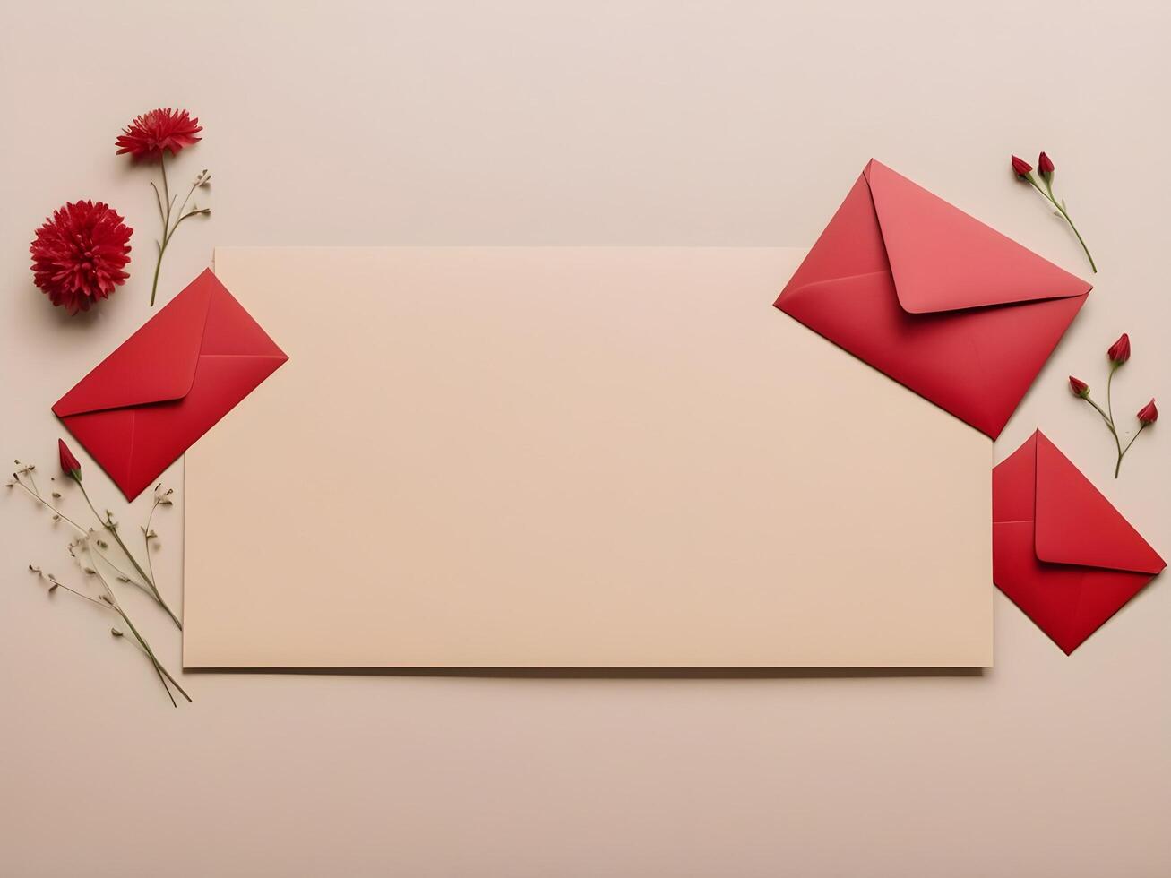 A few red envelopes with small flowers arranged quietly on a neutral-toned background, with plenty of space for text or branding. photo