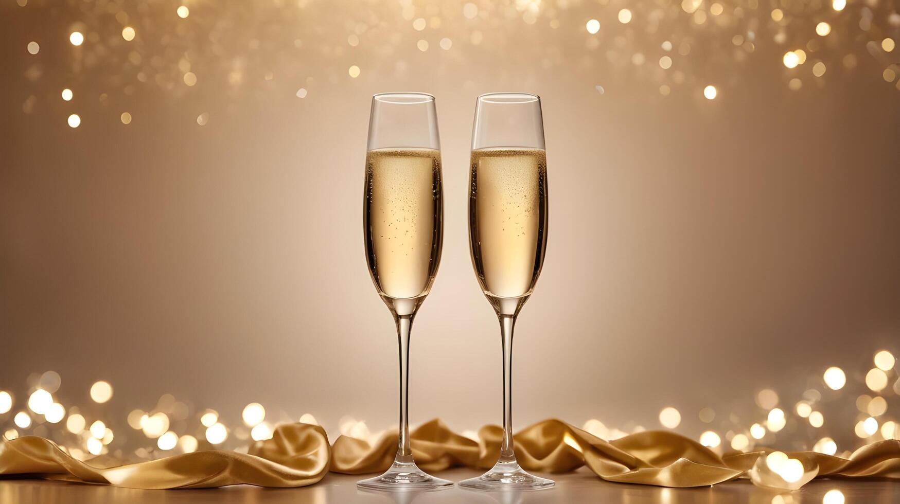 Two crystal champagne glasses, filled with golden champagne, are positioned on a reflective surface with soft, dreamy bokeh lights creating room for a Valentine message. photo