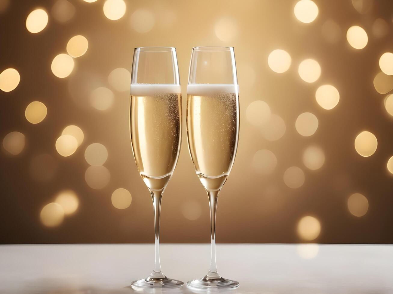 A set of two crystal champagne glasses with golden champagne rests on a reflective surface, with a dreamy bokeh effect behind them, leaving room for a romantic greeting. photo