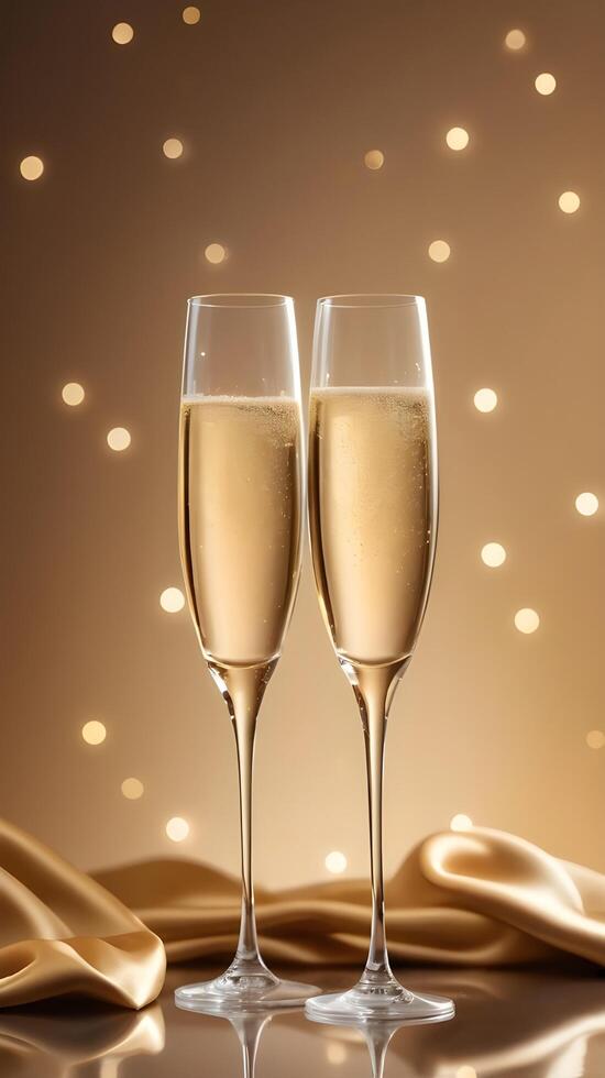 Two crystal glasses filled with golden champagne are placed on a reflective surface, with a soft bokeh background, offering space for a romantic message. photo