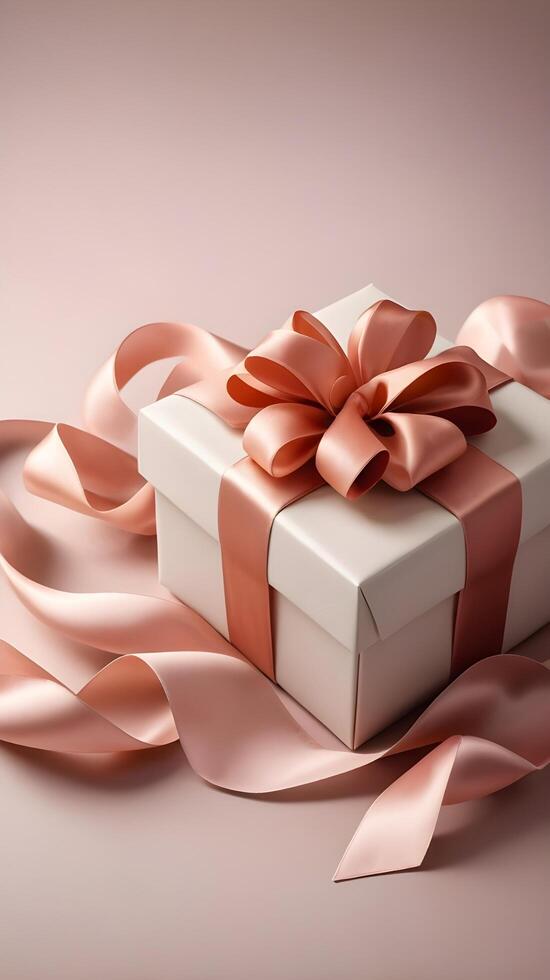 A beautifully wrapped gift box with satin ribbon, placed on soft fabric, is complemented by warm lighting, leaving space for a heartfelt Valentine greeting. photo