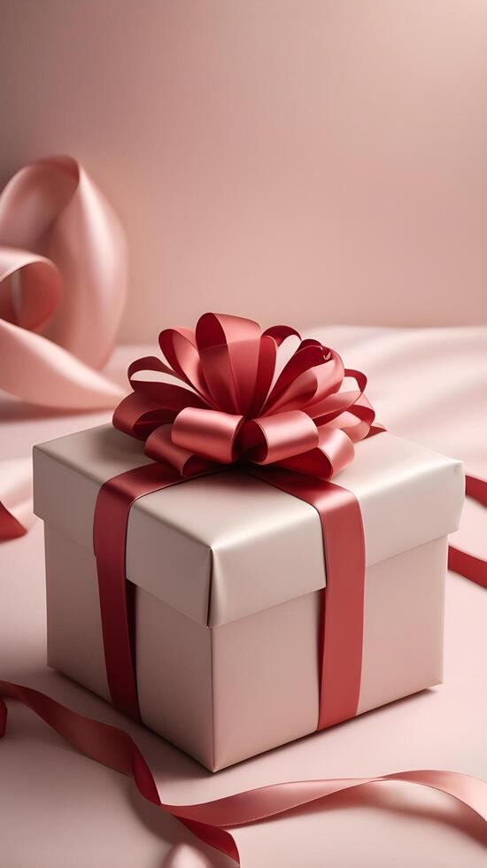 Wrapped in satin ribbon, the gift box rests on soft fabric, with the gentle lighting and warm tones creating a perfect spot for a Valentine Day message. photo