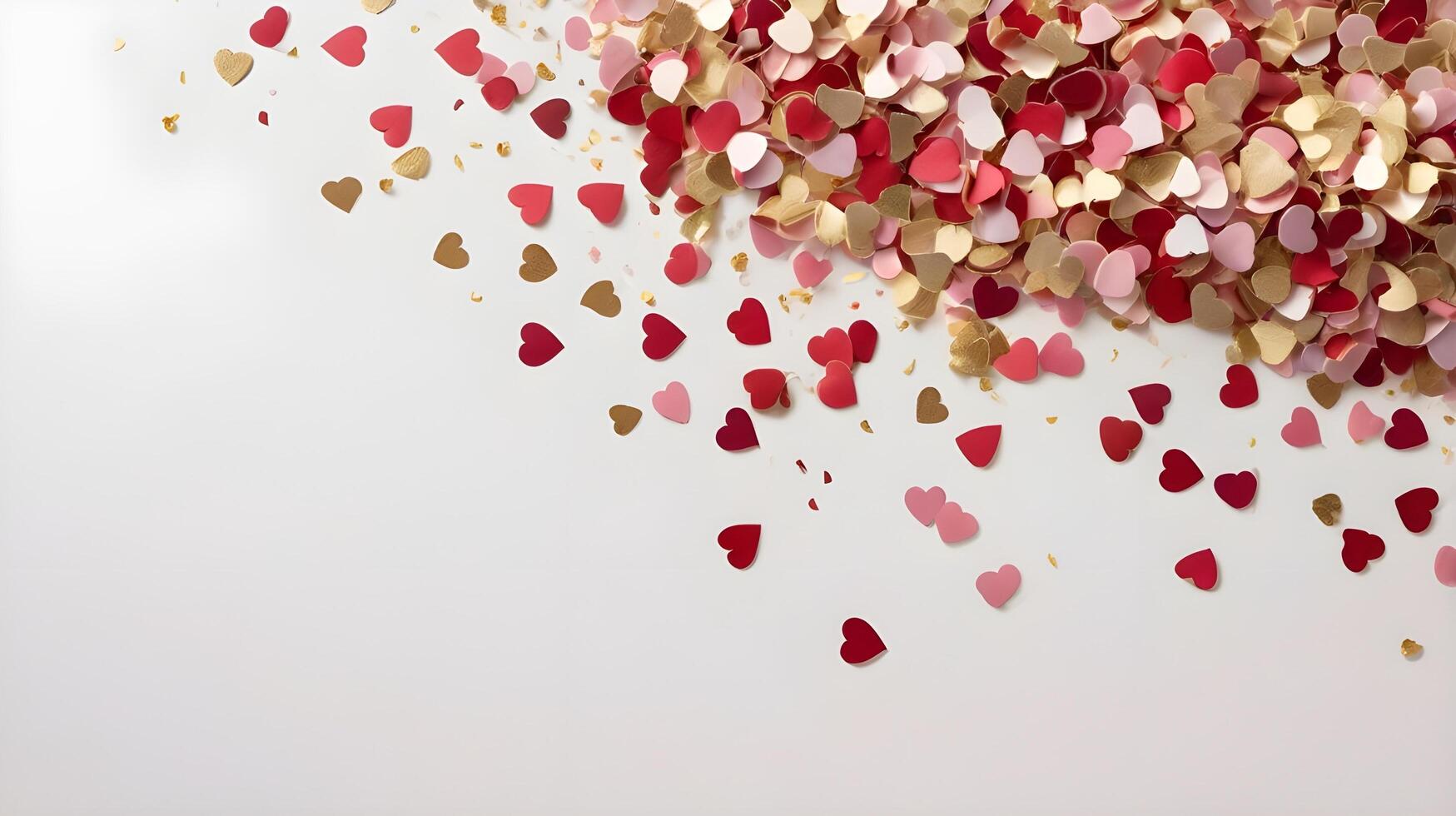 Red, pink, and gold heart-shaped confetti scattered on smooth white silk fabric, with soft light reflections, makes space for a loving message in the center. photo