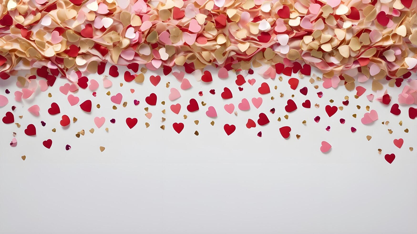 Heart-shaped confetti in red, pink, and gold is scattered on white silk, with soft lighting reflections leaving enough room for a loving message in the center. photo