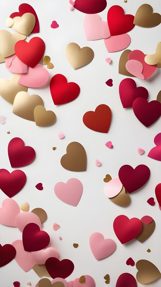 A scattering of heart-shaped confetti in red, pink, and gold adorns smooth white silk, with soft light reflections creating space for a loving message. photo