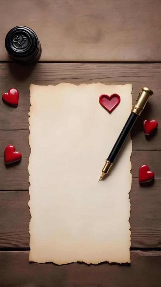 A rustic wooden table holds an open love letter, ink pen, and heart-shaped wax seal, with warm lighting enhancing the romantic scene and leaving space for a message. photo