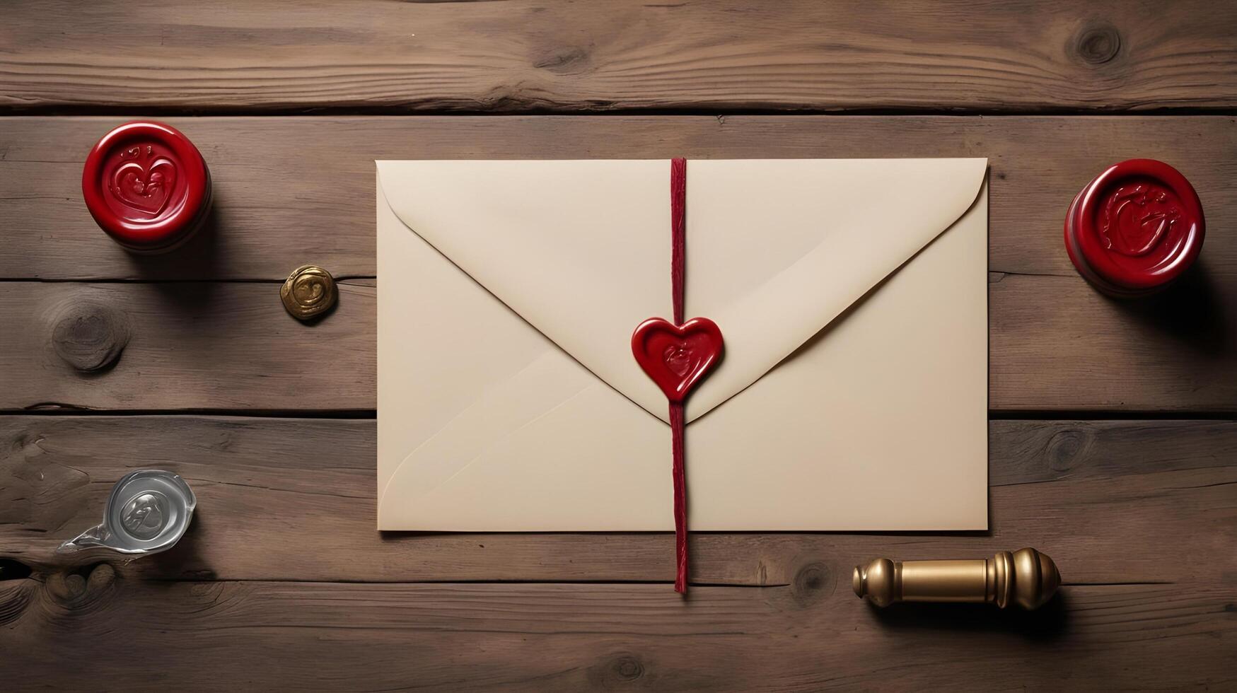 The rustic wooden table holds an open love letter, ink pen, and heart-shaped wax seal, bathed in warm, natural light, providing plenty of space for a romantic message. photo