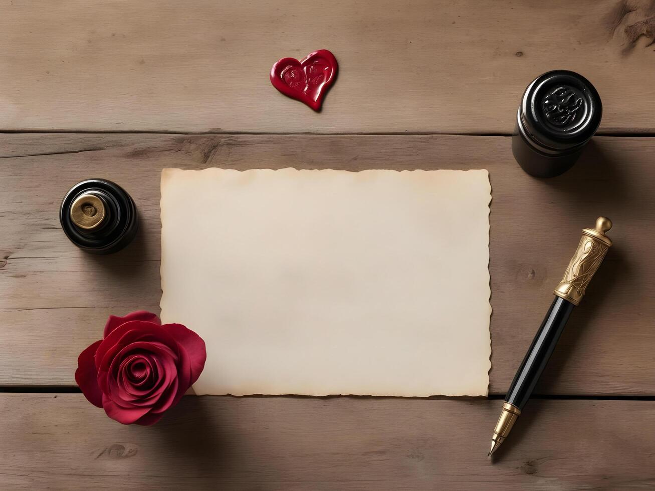 An open love letter, ink pen, and heart-shaped wax seal are arranged on a rustic wooden table, with warm, natural lighting creating a timeless romantic feel and ample space for a message. photo