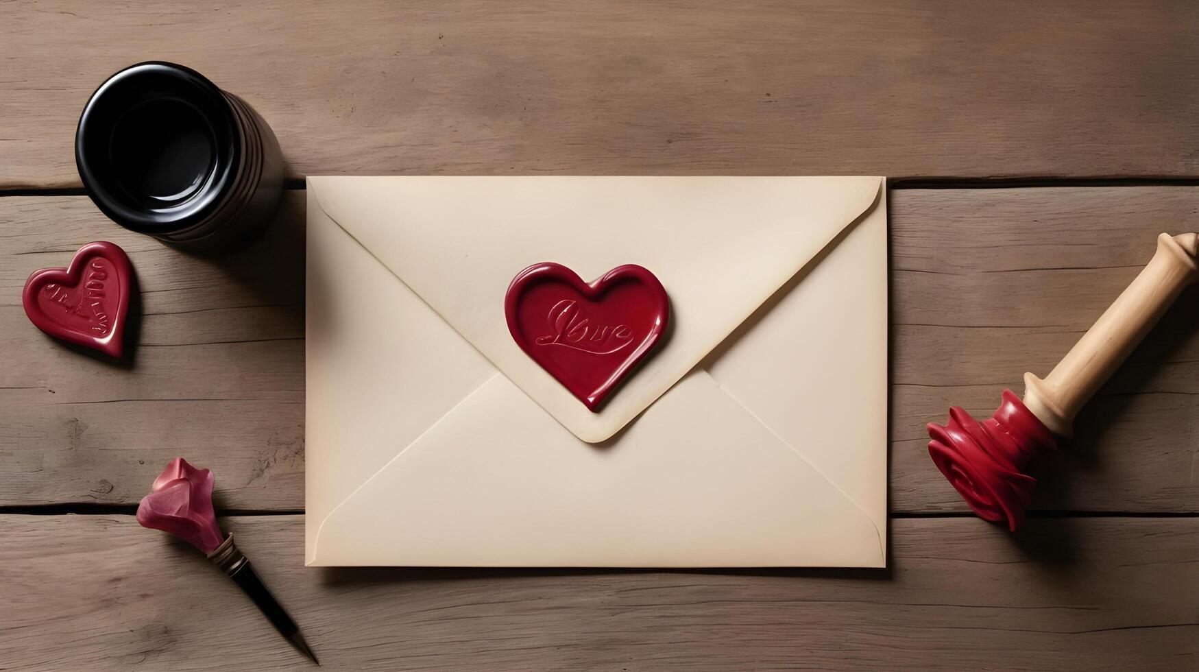 A love letter, ink pen, and heart-shaped wax seal rest on a rustic wooden table, with warm lighting enhancing the romantic ambiance and offering ample space for text. photo