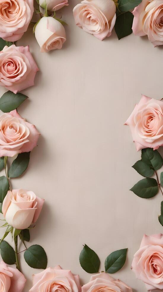 Soft pink roses, placed on light beige linen fabric, form a serene and elegant background, with plenty of space for a romantic message in the center. photo