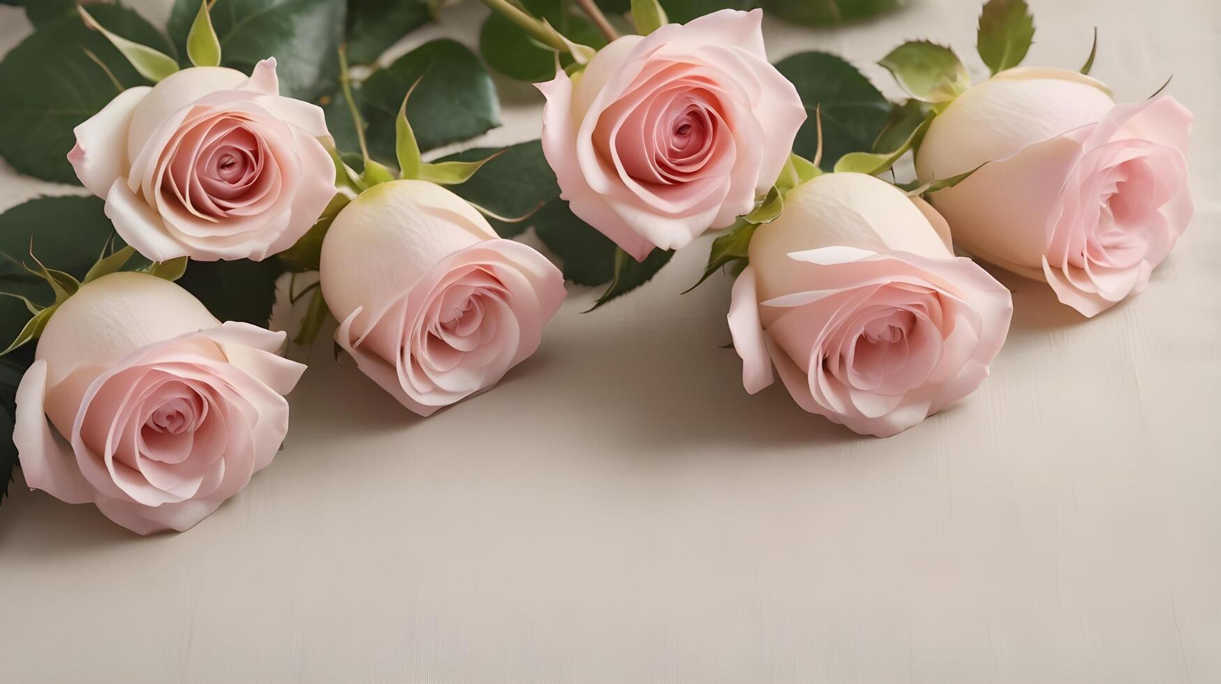 A serene arrangement of soft pink roses on light beige linen fabric offers a tranquil setting, with the natural texture and delicate petals leaving plenty of room for a heartfelt message. photo