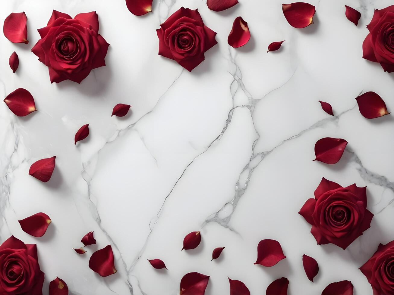 Red rose petals gently scattered on a polished white marble surface, evoking a calm, romantic mood with ample room for a message. photo