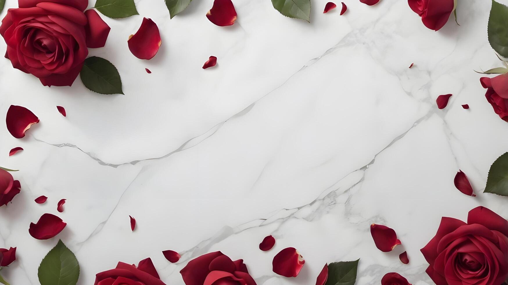 A serene backdrop of red rose petals scattered across white marble, offering a natural, romantic texture and plenty of space for text. photo