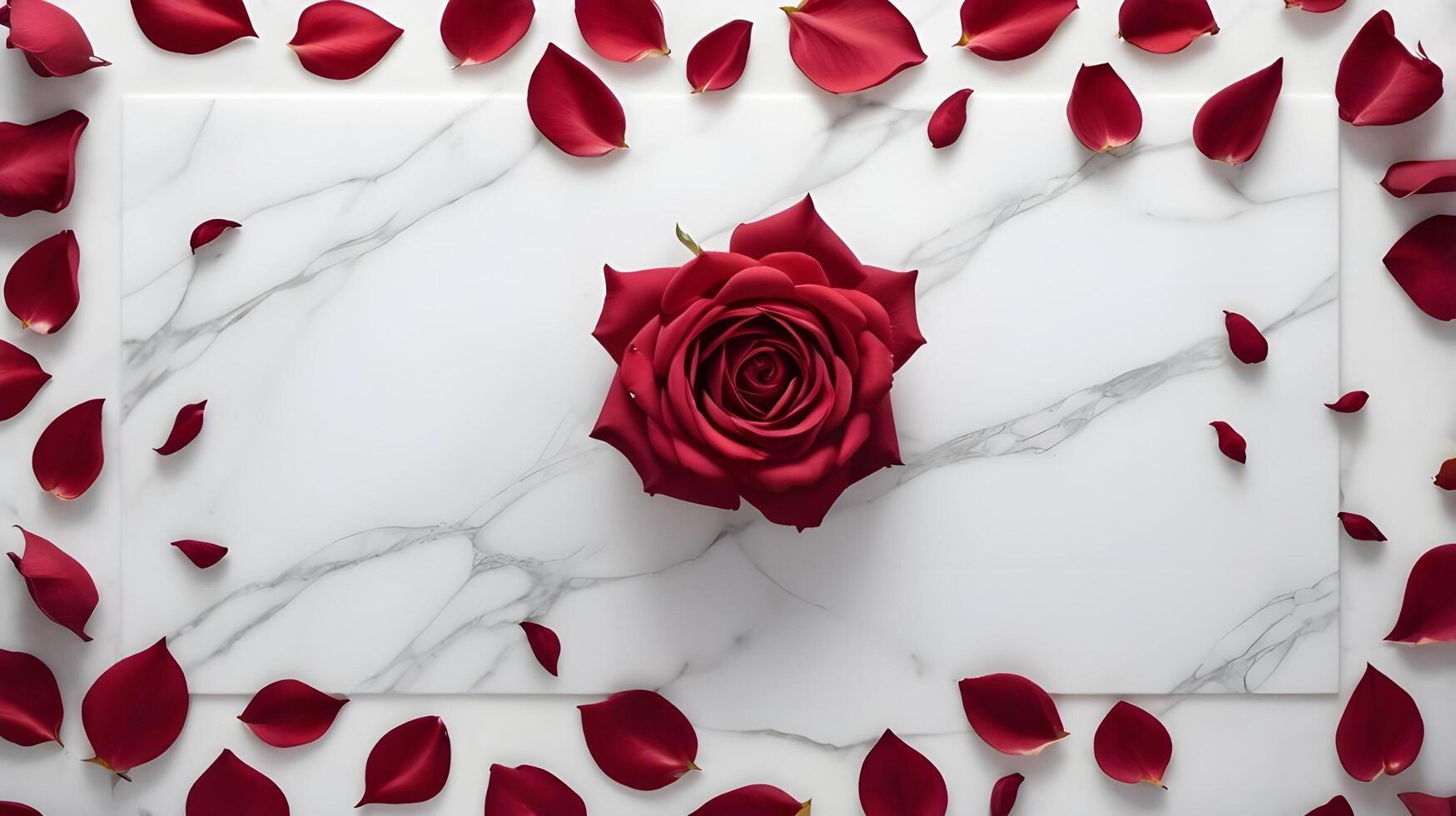 A romantic setting with soft red rose petals scattered across white marble, leaving plenty of room in the middle for a loving message. photo