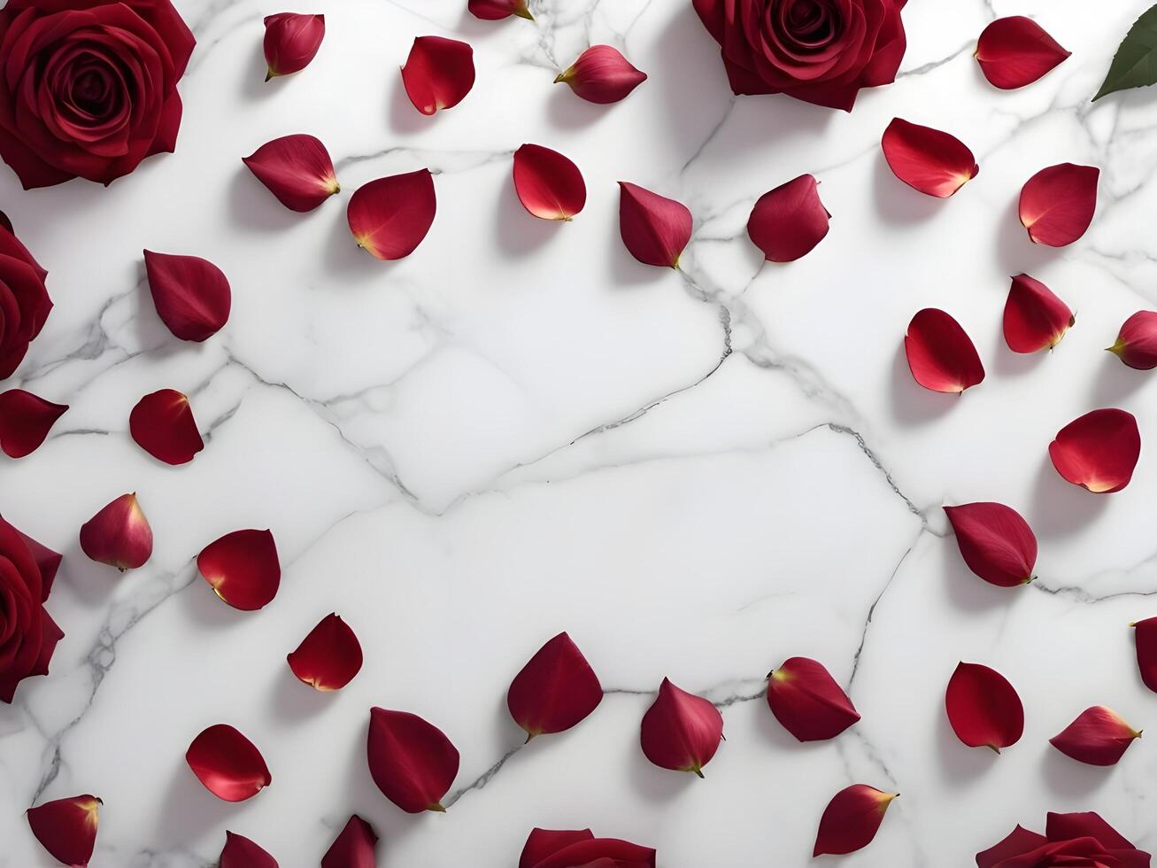 Romantic red rose petals scattered over a white marble background, offering a serene, natural texture and ample space in the center for a message. photo