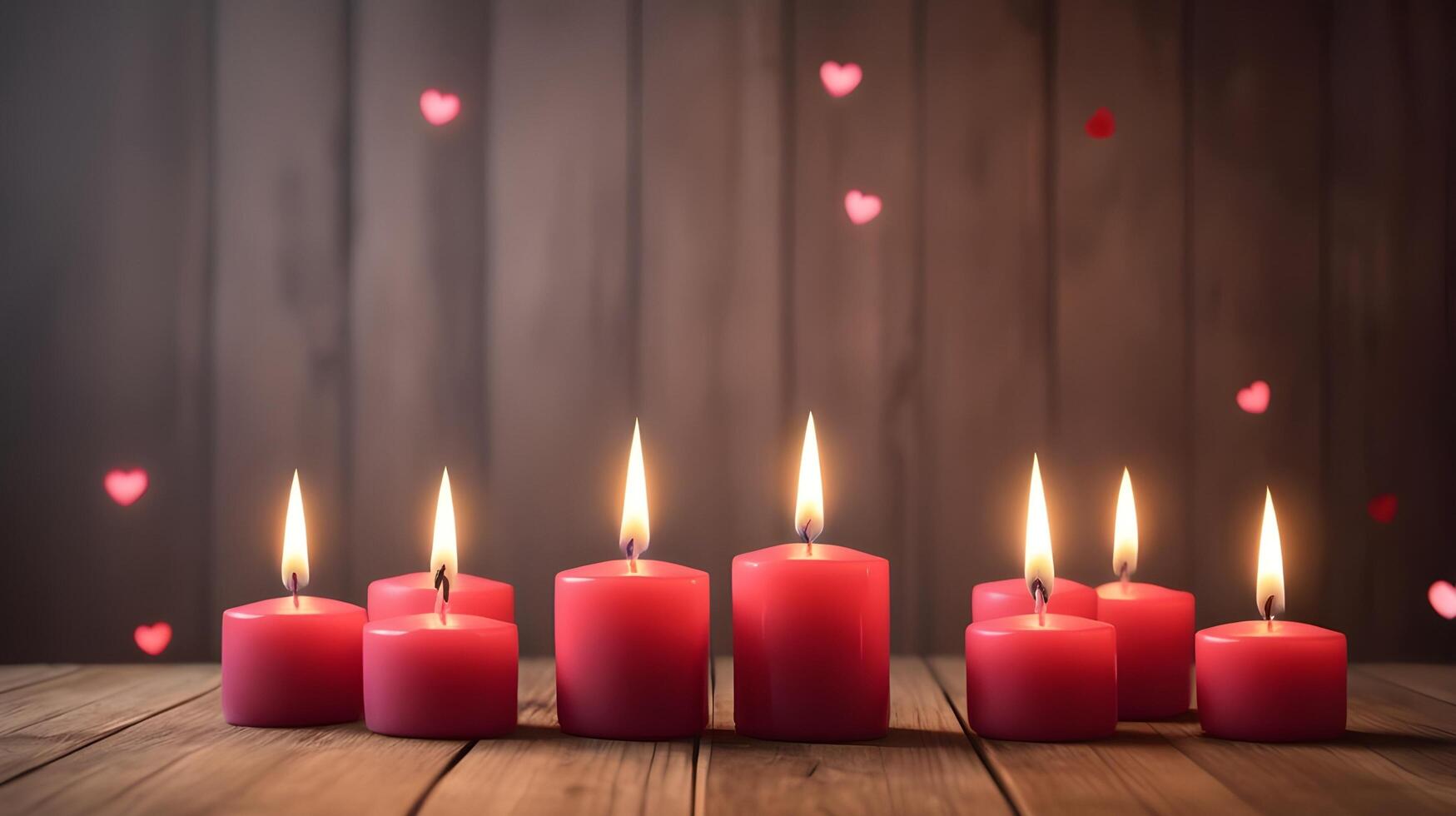 Soft light from glowing candles placed on a polished wooden surface creates gentle shadows, with a blurred background offering space for a Valentine Day message. photo