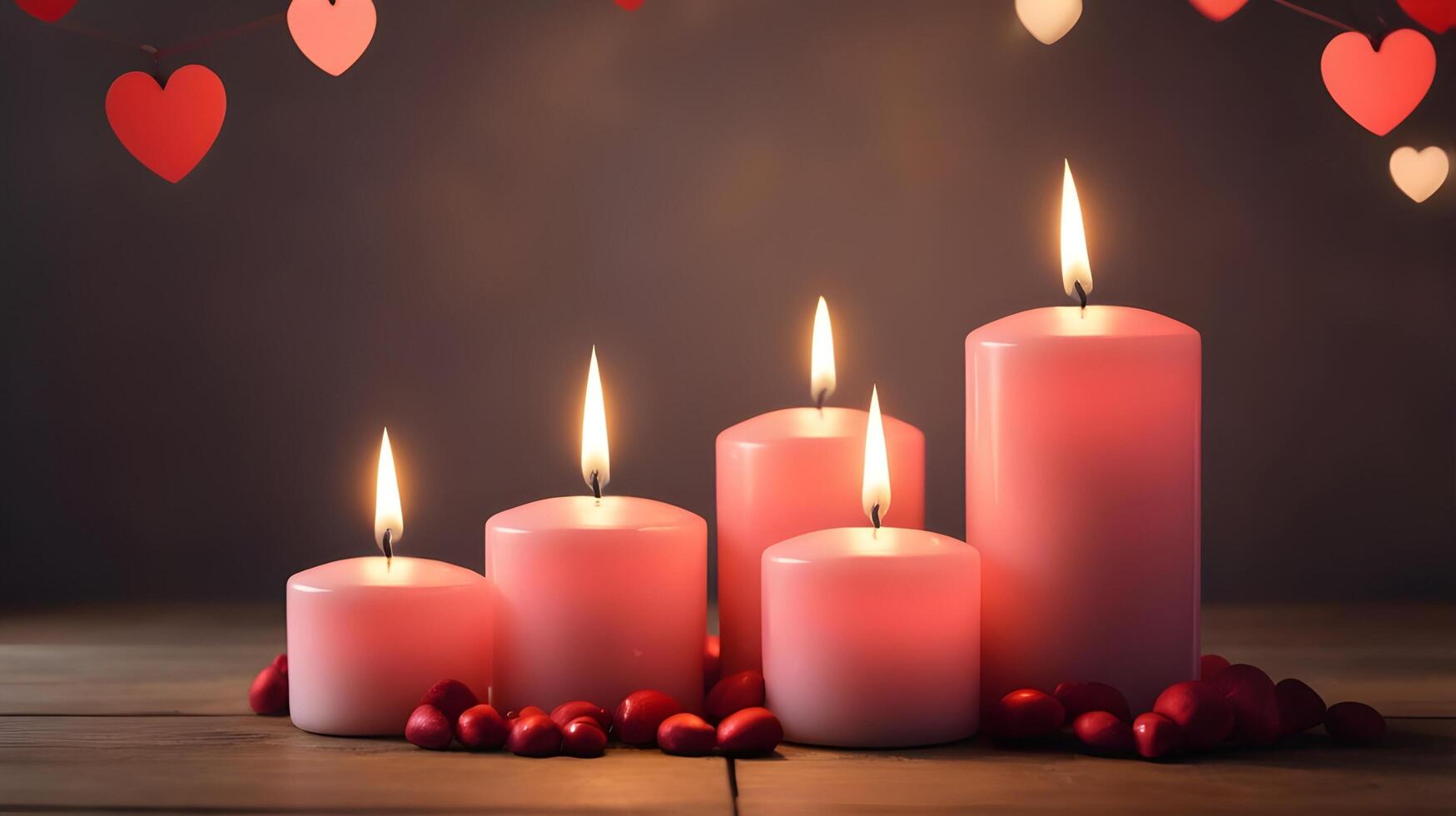 Glowing candles on a polished wooden surface cast warm light and shadows, while the blurred background creates ample space for a romantic Valentine Day message. photo