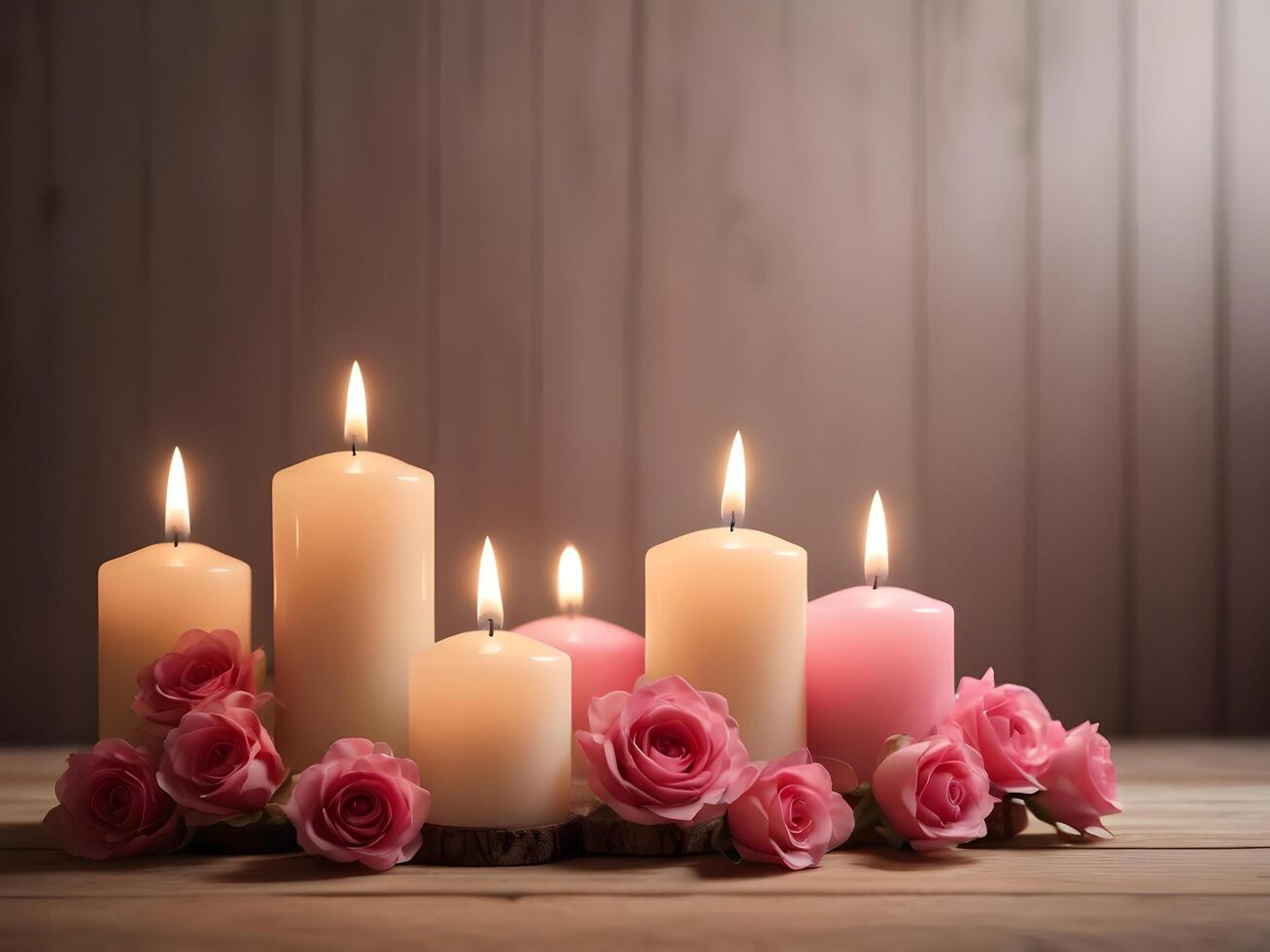 A polished wooden surface holds glowing candles, casting soft light and shadows, with a blurred background providing room for a Valentine Day message. photo