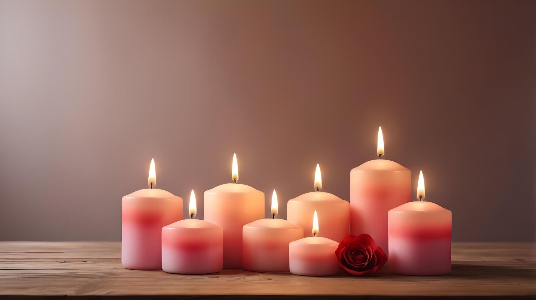 Glowing candles on a polished wooden surface create soft light and shadow contrasts, with a blurred background that is ideal for placing a Valentine message. photo