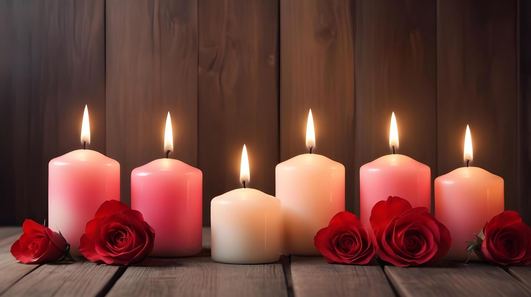 A warm glow from candles placed on a polished wooden surface casts soft shadows, with a blurred background perfect for a Valentins Day message. photo