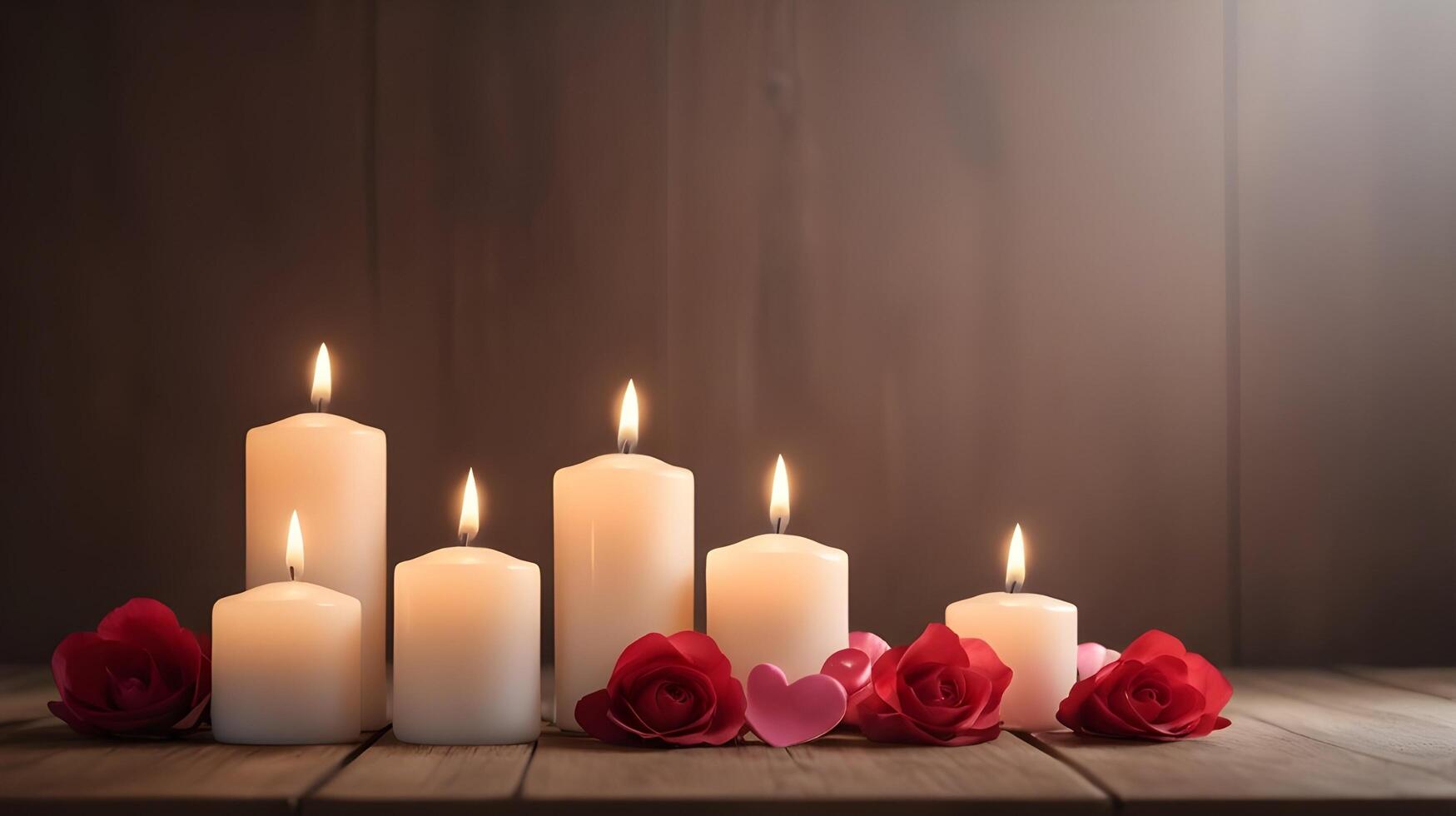 Glowing candles sit on a polished wooden surface, casting soft light and shadows, with a blurred background that provides the ideal space for a Valentine Day message. photo