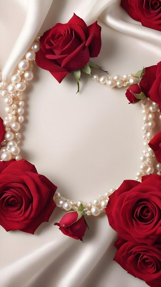Red roses and white pearls are softly placed on red velvet fabric, creating a romantic and elegant backdrop, offering plenty of space for a heartfelt message. photo