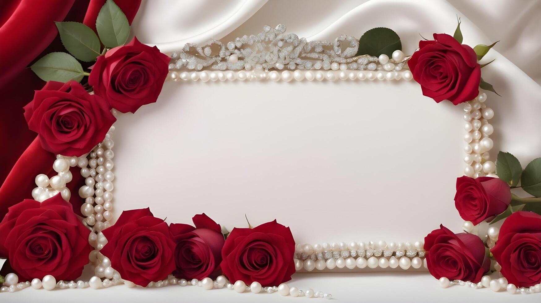 On luxurious red velvet fabric, red roses and white pearls form a romantic and elegant scene, with the texture leaving plenty of room for a heartfelt message. photo