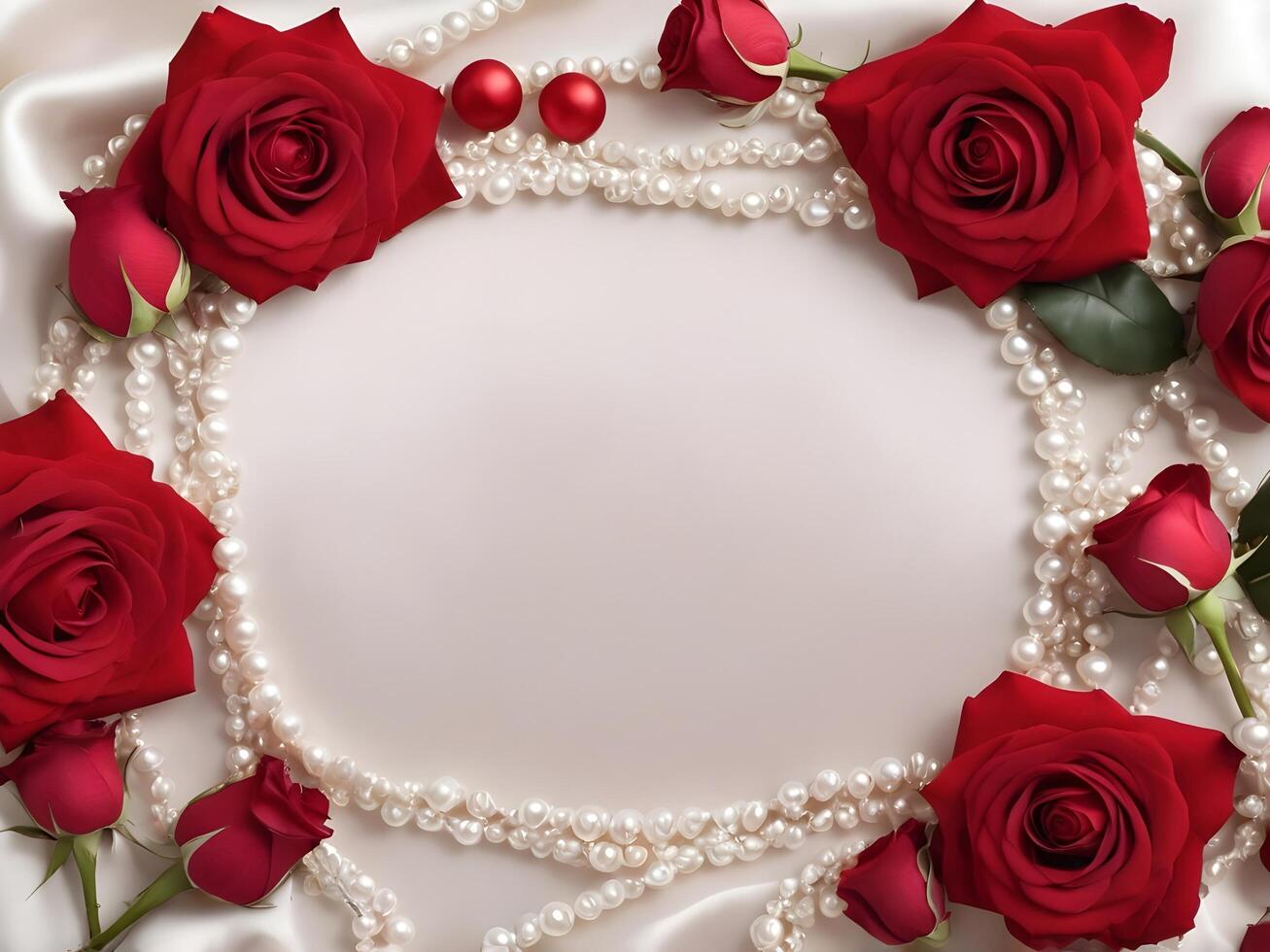 Red roses and white pearls gently placed on a luxurious red velvet fabric. The textures of the velvet and pearls create a romantic, elegant backdrop, leaving ample copy space. photo