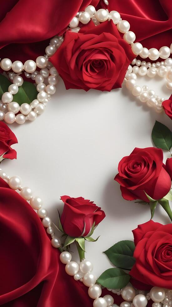 Red roses and white pearls are delicately placed on luxurious red velvet fabric, with the texture creating an elegant, romantic backdrop, offering plenty of space for text. photo